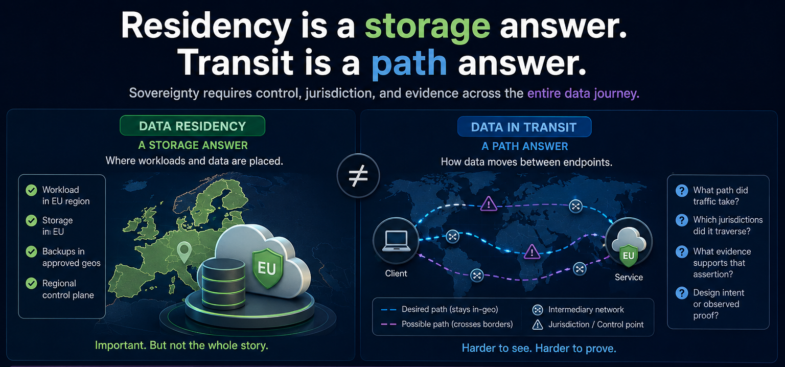Illustration representing data sovereignty, geography, and network transit