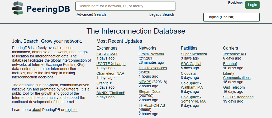 PeeringDB homepage showing the interconnection database overview